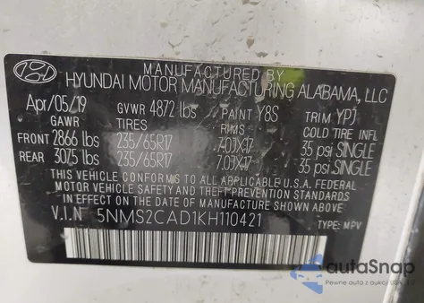 2019 Hyundai Santa Fe Se z USA, uszkodzony, nr VIN 5NMS2CAD1KH110421